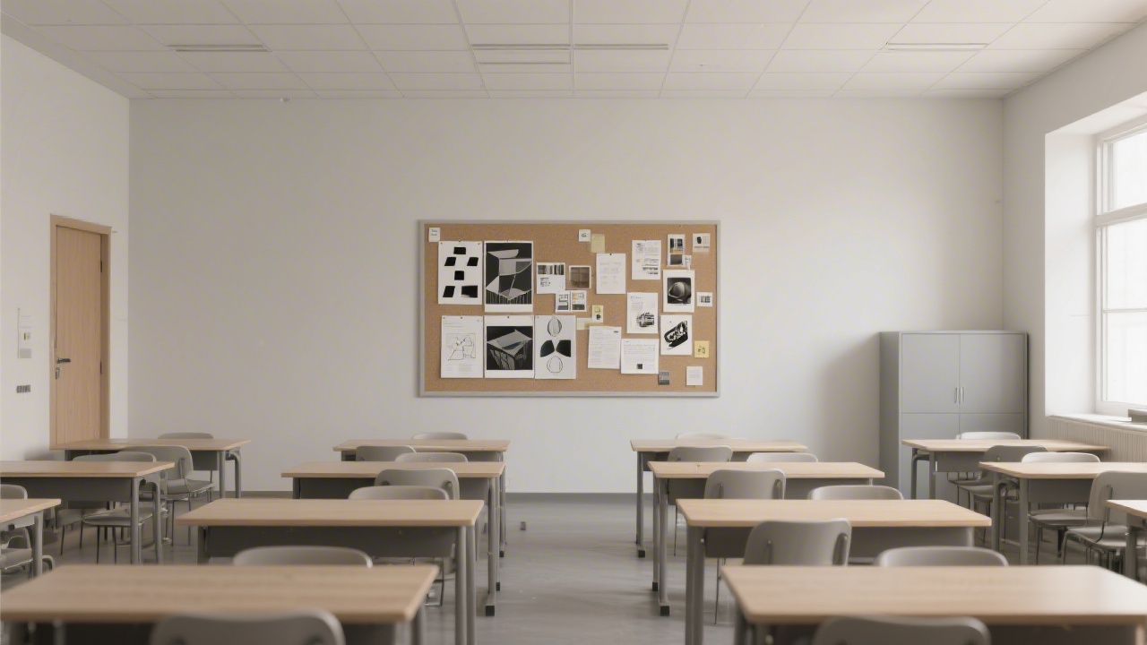 Minimal academic studio with a wide grid of desks, neutral walls, and printed design references pinned to a board, reflecting a modern learning environment.