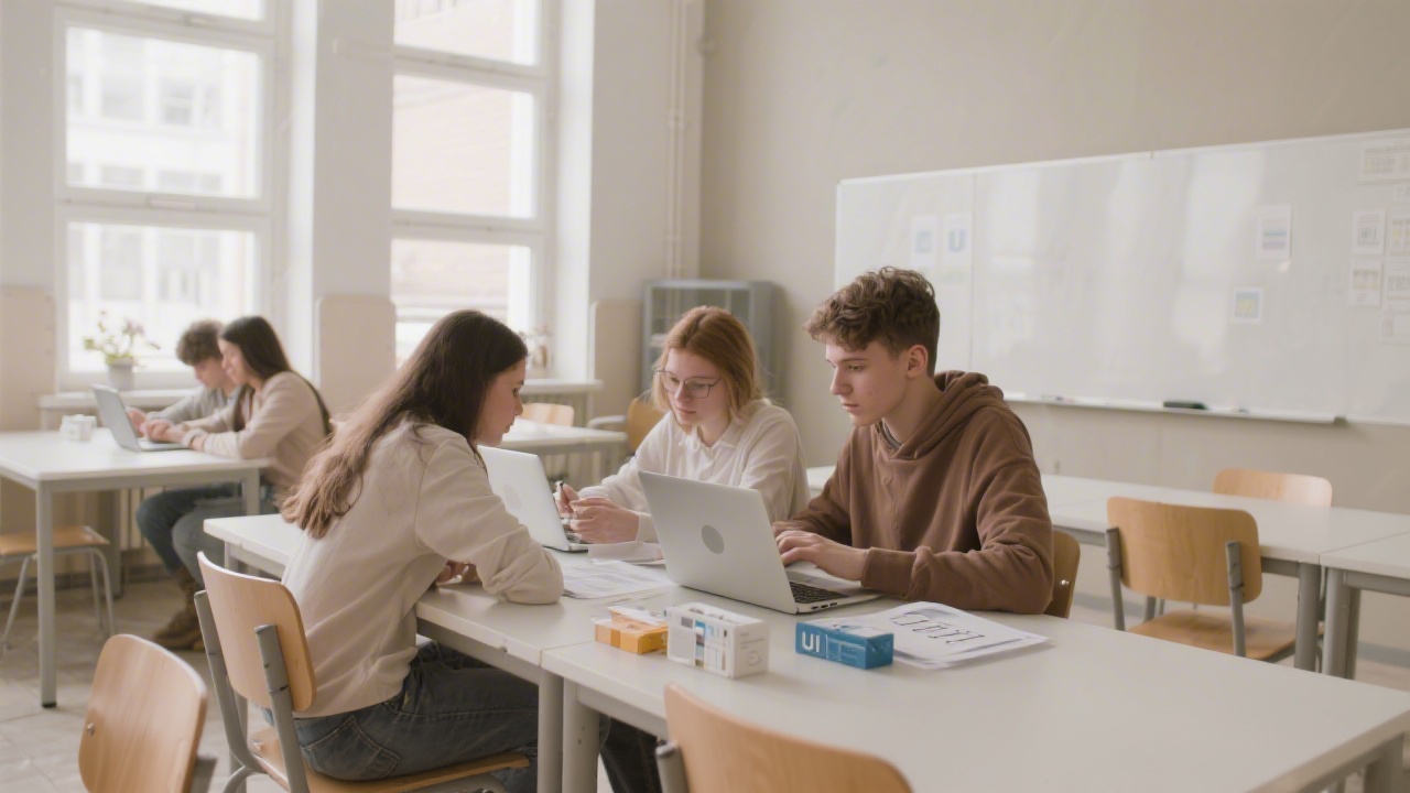 Calm classroom environment with neutral tones, students collaborating on printed UI kits and laptops, emphasizing a minimal academic setting and focused practice.
