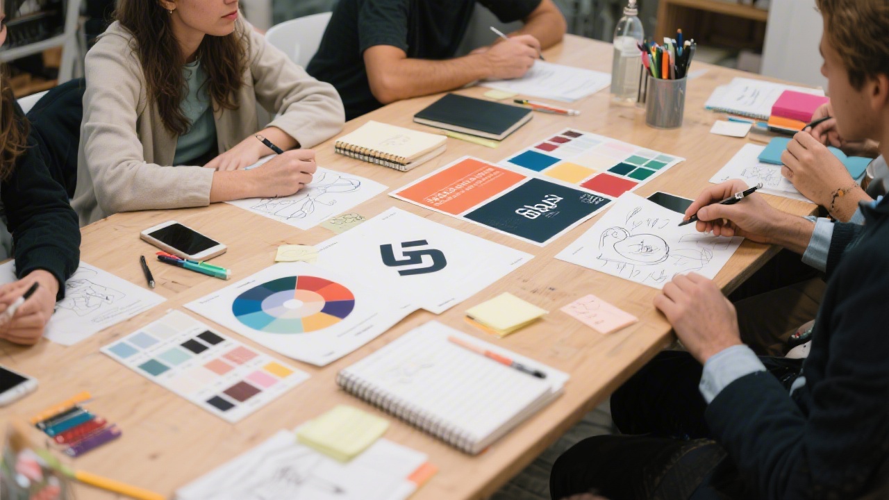 Workshop table with printed brand moodboards, color swatches, notebooks, and a mentor guiding students through logo sketches and brand voice notes.