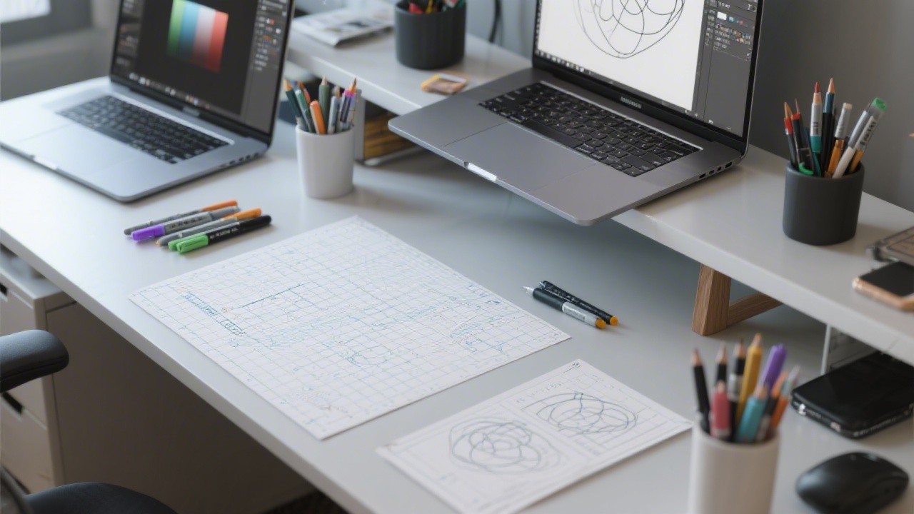 Detailed view of design tools including markers, printed grids, and laptops with vector software, arranged neatly on a modern desk.