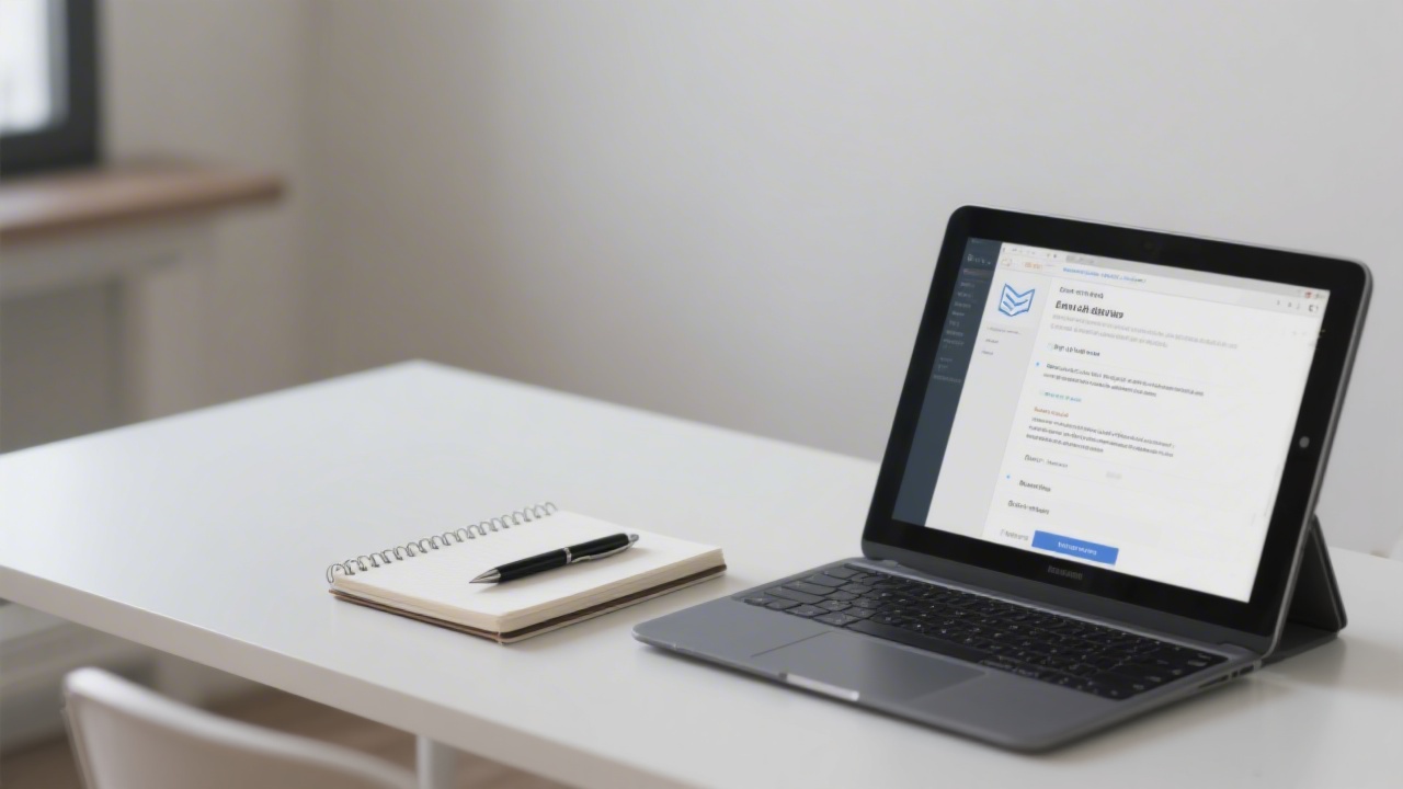 Clean desk with a notebook, pen, and a laptop showing an email draft, conveying a professional and calm contact environment.