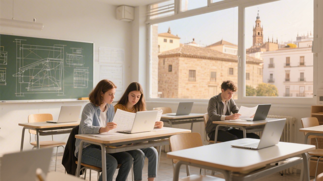Bright classroom scene with modern desks, laptops, and students reviewing wireframes, with Sevilla city textures and warm light entering large windows.