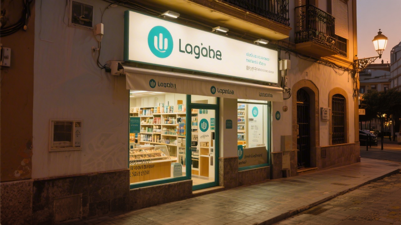 Small local shop in Sevilla with a newly designed storefront sign and simple brand applications, photographed in warm evening light.