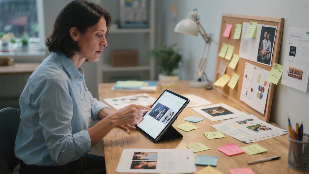 Mentor reviewing a student portfolio on a tablet, showing case studies and project boards, with feedback notes spread across a desk.