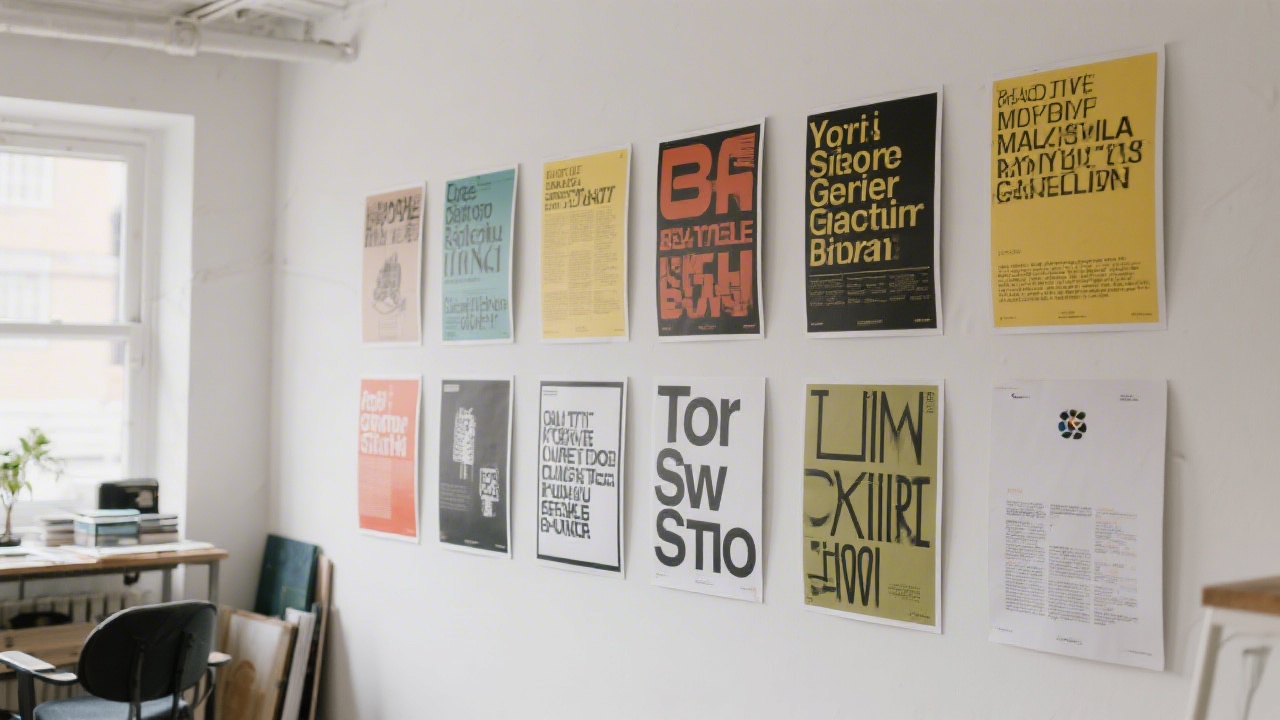 Series of printed posters with typographic layouts, cultural references, and brand guidelines displayed on a studio wall.