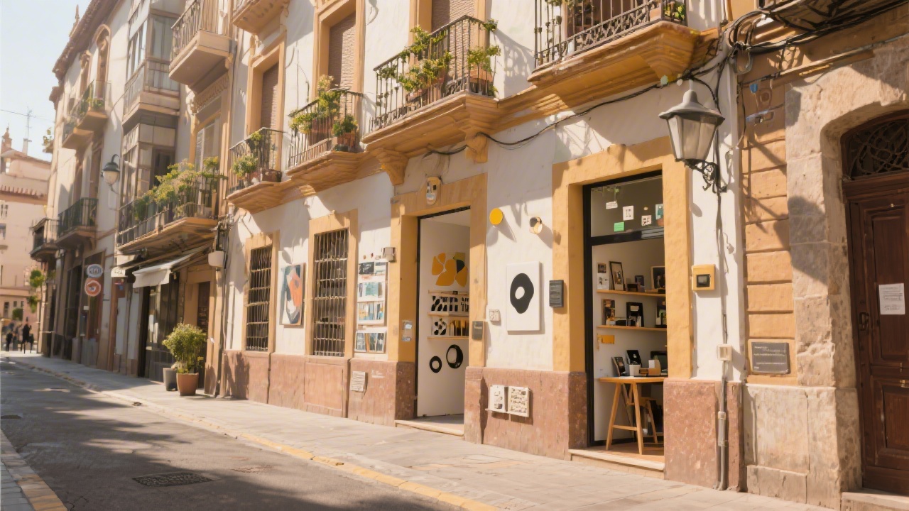 Street view of Sevilla with warm architecture and a small creative studio entrance, emphasizing local context and urban cultural atmosphere.