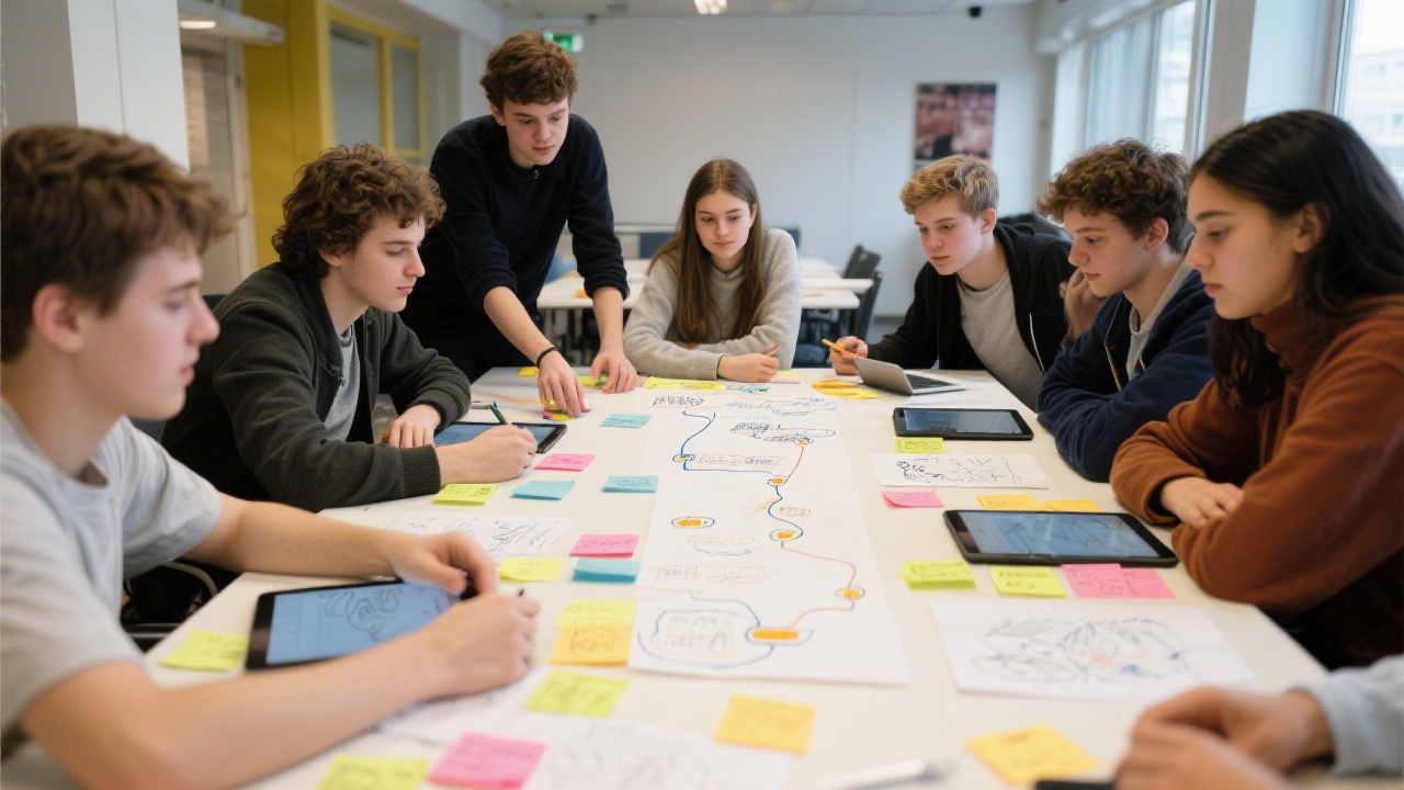 Group of students collaborating around a large table, using sticky notes, sketches and tablets to map user journeys for a local service.