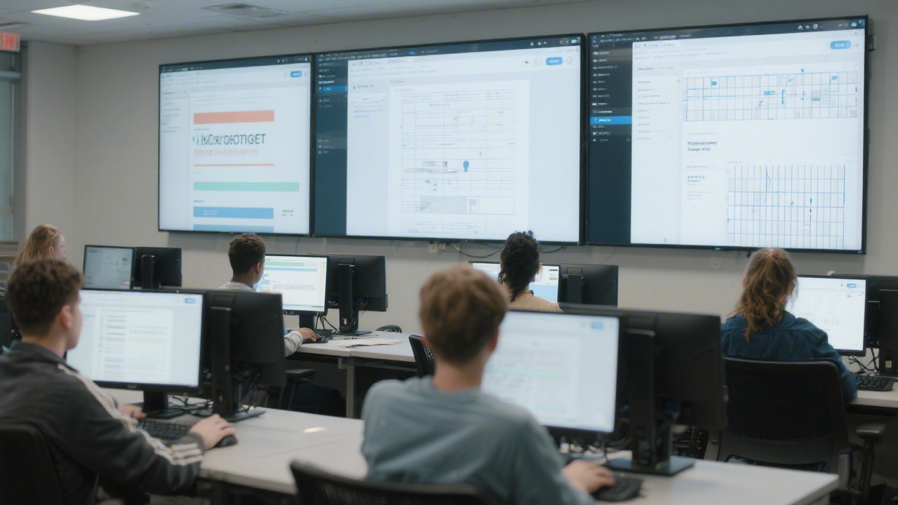 Computer lab with large screens showing responsive website layouts, grids and typography systems, students testing prototypes and preparing files for launch.